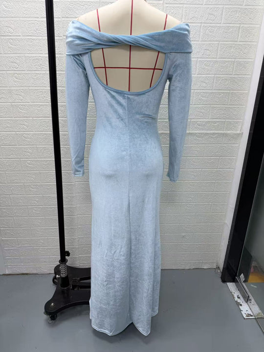 Damen Langes Samtabendkleid mit Carmenausschnitt und tiefem Rückenausschnitt Nord Taschen