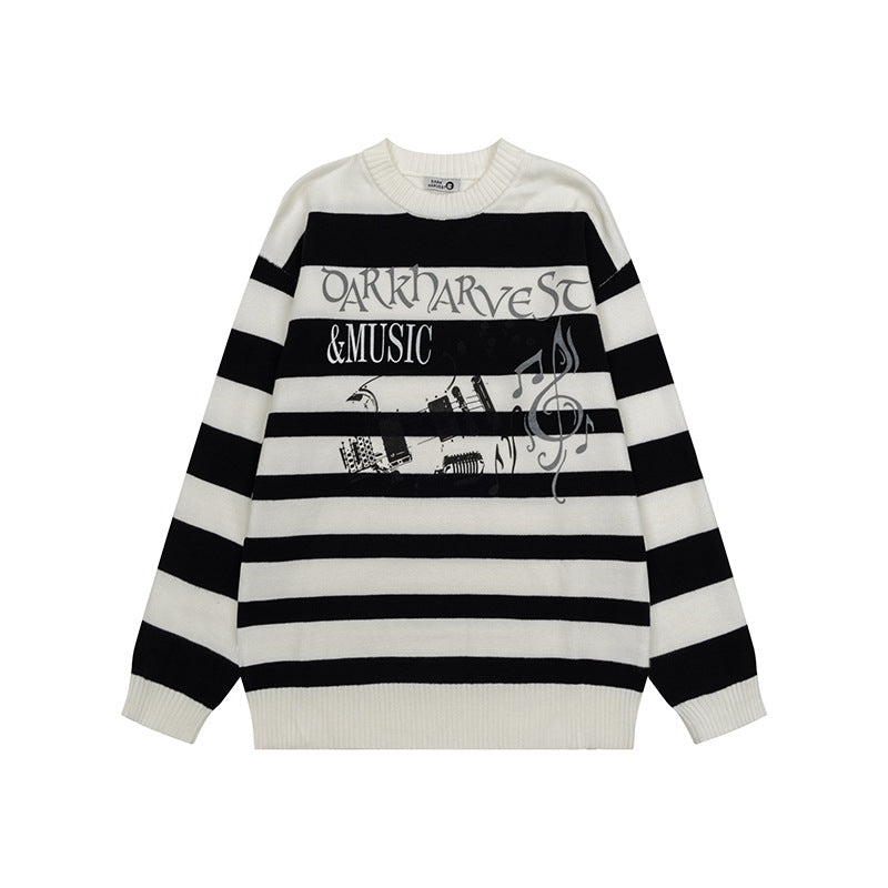 Damen Gestreifter Oversize-Strickpullover mit Rundhals und Musik-Grafik Nord Taschen