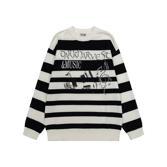 Damen Gestreifter Oversize-Strickpullover mit Rundhals und Musik-Grafik Nord Taschen