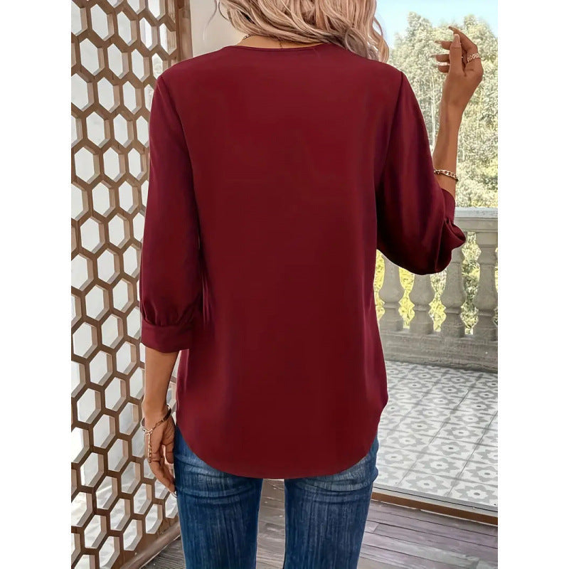 Damen Elegante ViskosNord Taschenluse mit 3/4-Ärmeln und V-Ausschnitt