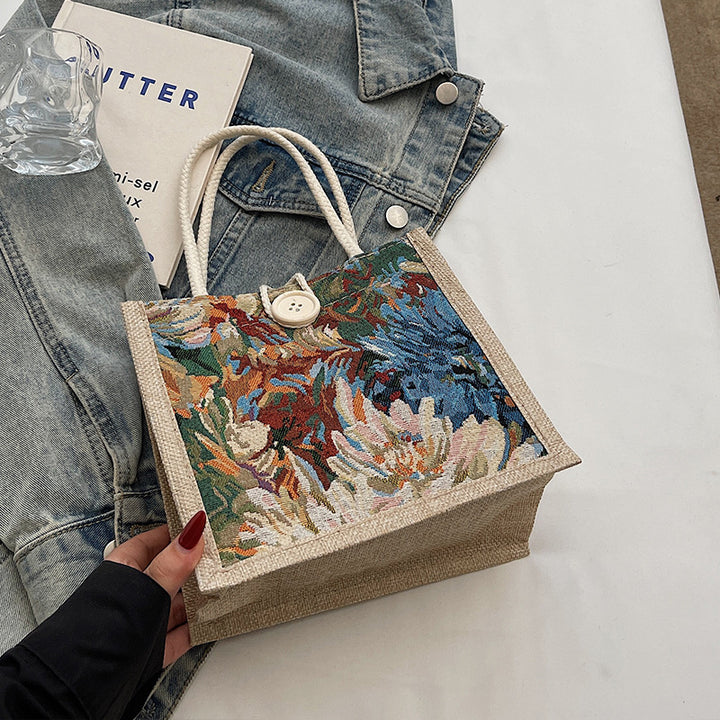 Damen Jute-Tragetasche mit kunstvollem floralem Stickdesign Nord Taschen