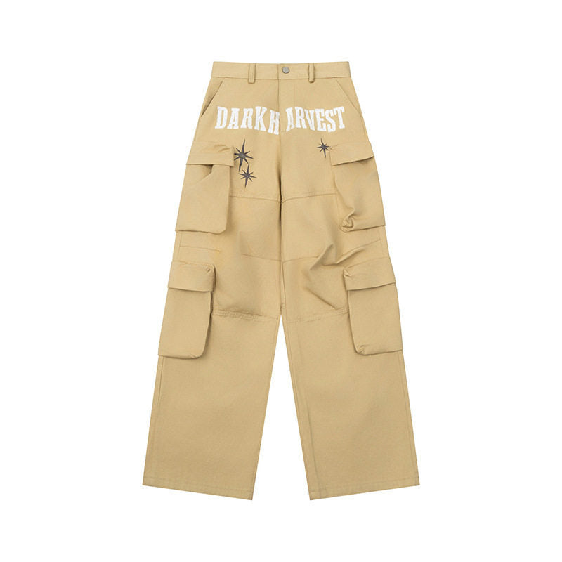 Damen Weite Cargo-Palazzo-Hose mit Mehrfach-Taschen, hoher Taille und Statement-Print Nord Taschen