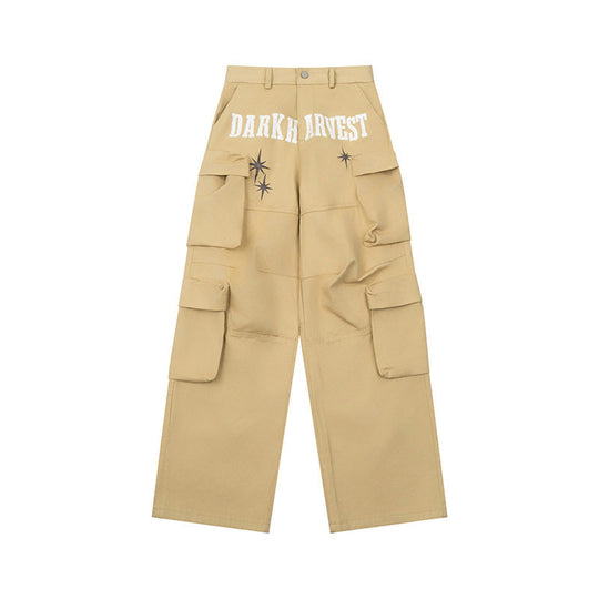 Damen Weite Cargo-Palazzo-Hose mit Mehrfach-Taschen, hoher Taille und Statement-Print Nord Taschen