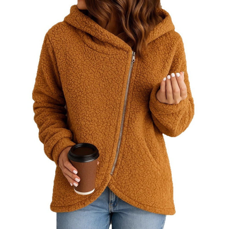 Damen Teddy-Fleecejacke mit asymmetrischem Reißverschluss, Kapuze und gewelltem Saum Nord Taschen