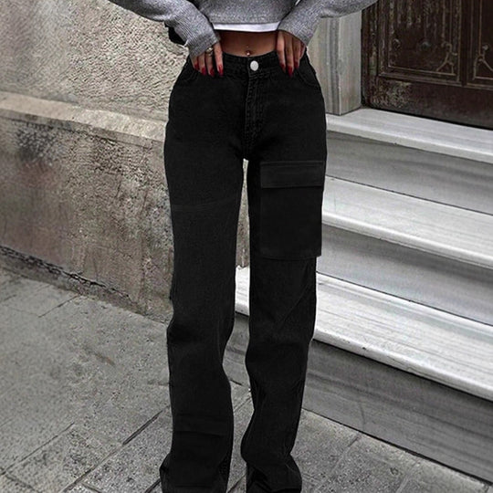 Damen Cargo-Denimhose mit großer Oberschenkeltasche und weitem Straight‑Leg Nord Taschen