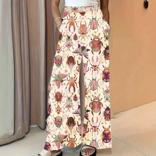 Damen Weite Palazzo-Hose mit elastischem Bund und auffälligem Käferprint Nord Taschen