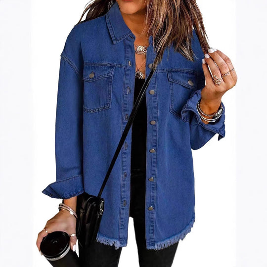 Damen Oversize Jeanshemdjacke mit Fransensaum Nord Taschen