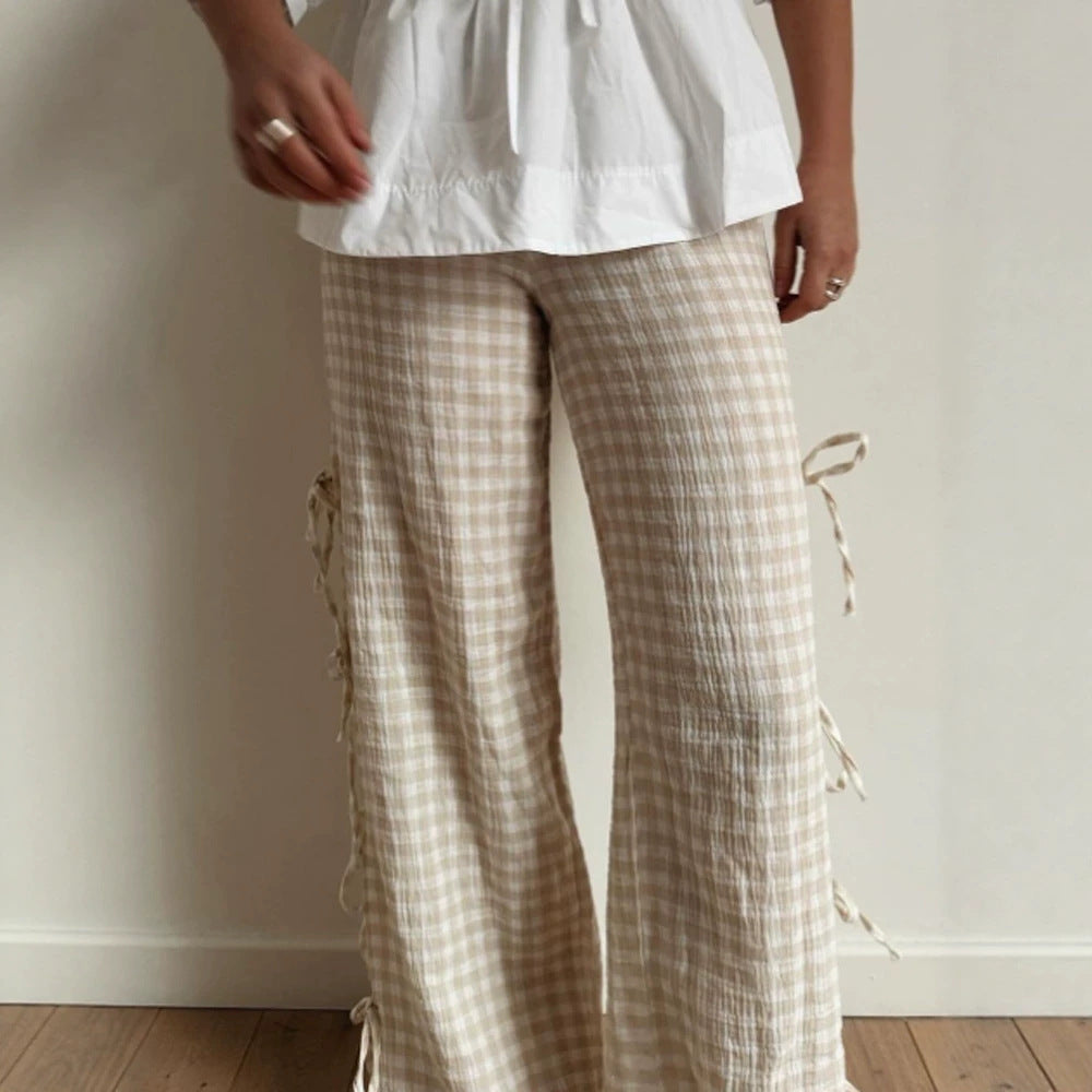 Damen High‑Waist Leinenoptik-Hose mit Gingham-Karo, weitem Bein & seitlichen Bändchen-Details Nord Taschen