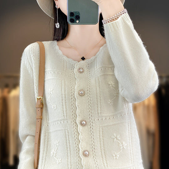 Damen Verzierter Strickcardigan mit Perlenknöpfen und Ajour‑Stickerei Nord Taschen
