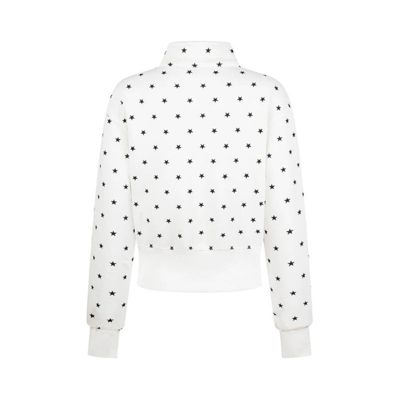 Damen Kurze Reißverschluss-Sweatjacke mit Stehkragen, Allover-Sternprint und Statement-Frontprint Nord Taschen