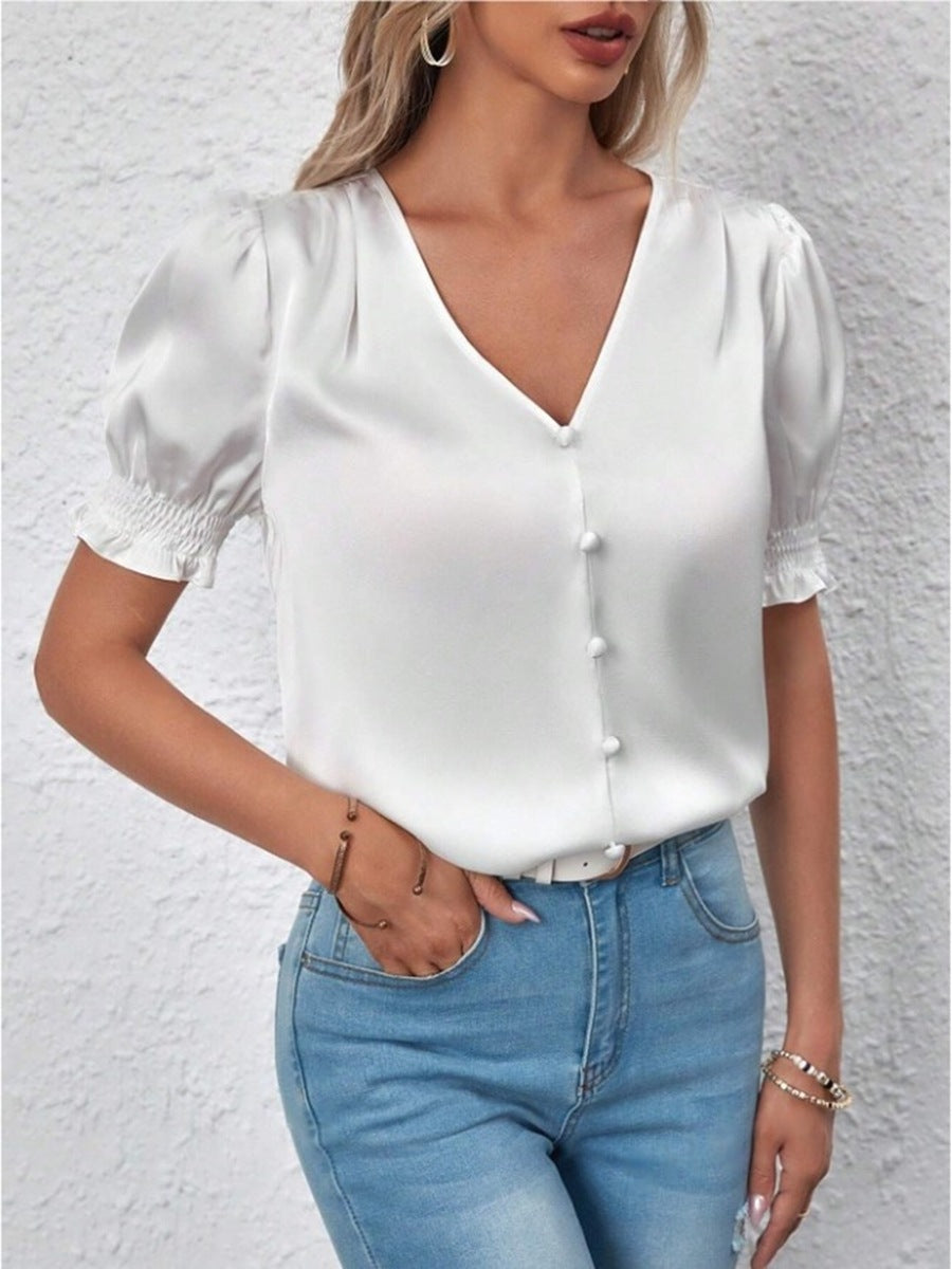 Damen Satinbluse mit Puffärmeln und eleganter Knopfleiste