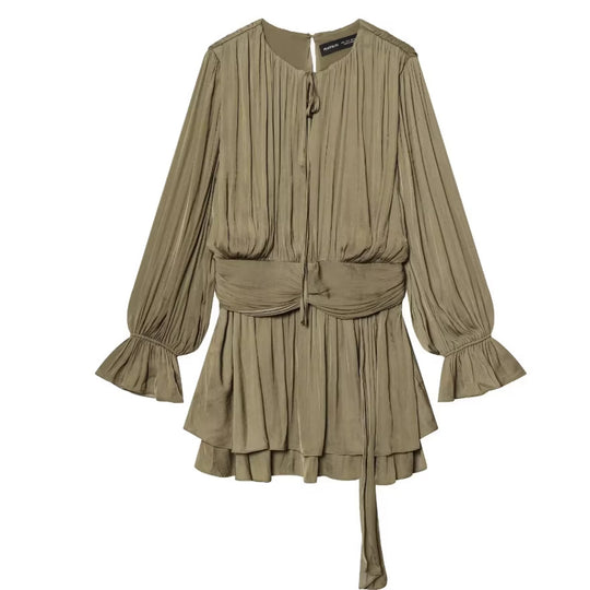 Damen Plissiertes Bindeblouson-Minikleid mit tailliertem Wickelgürtel und Glockenärmeln Nord Taschen