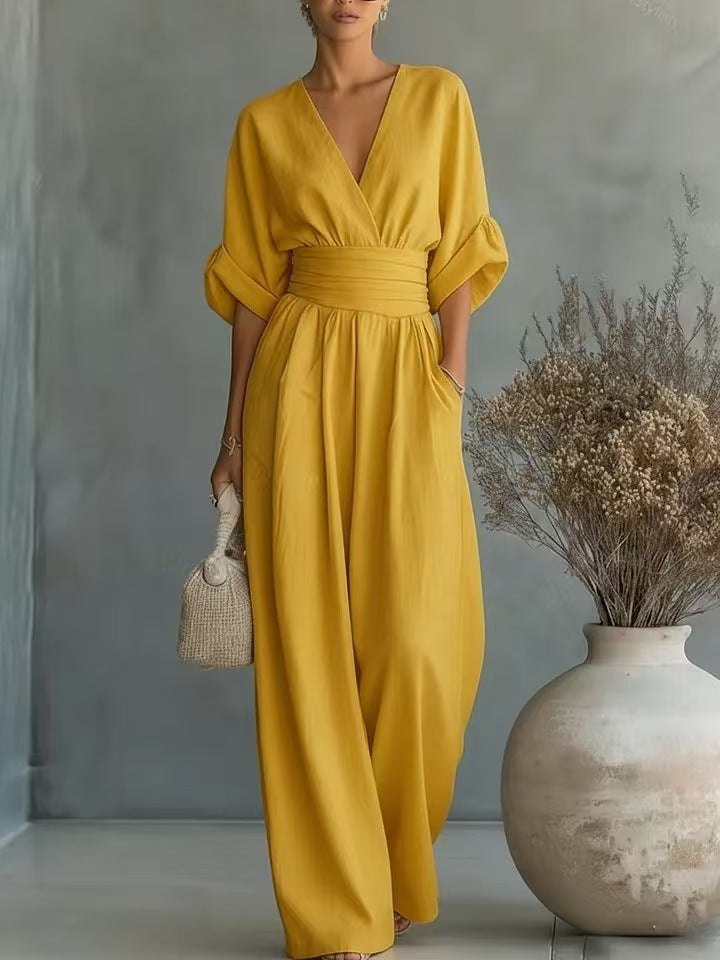 Damen Jumpsuit mit elegantem V-Ausschnitt und weitem Bein R&B