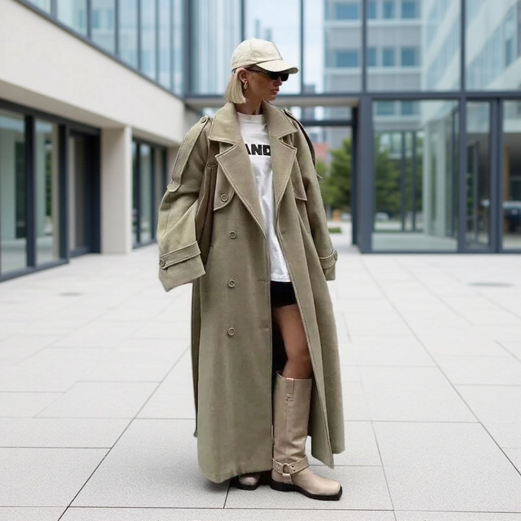 Damen Oversize-Langmantel im Trenchcoat‑Stil mit doppelreihiger Knopfleiste und Schulterklappen Nord Taschen