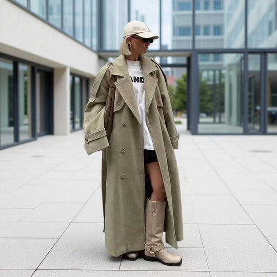 Damen Oversize-Langmantel im Trenchcoat‑Stil mit doppelreihiger Knopfleiste und Schulterklappen Nord Taschen