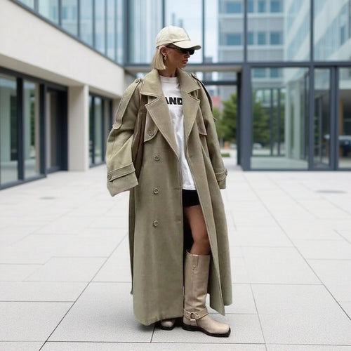 Damen Oversize-Langmantel im Trenchcoat‑Stil mit doppelreihiger Knopfleiste und Schulterklappen Nord Taschen
