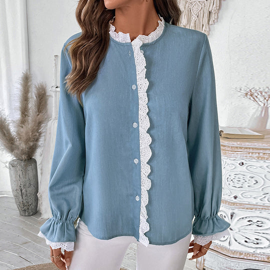 Damen Elegante Bluse mit Spitzenkragen und Rüschendetails Nord Taschen