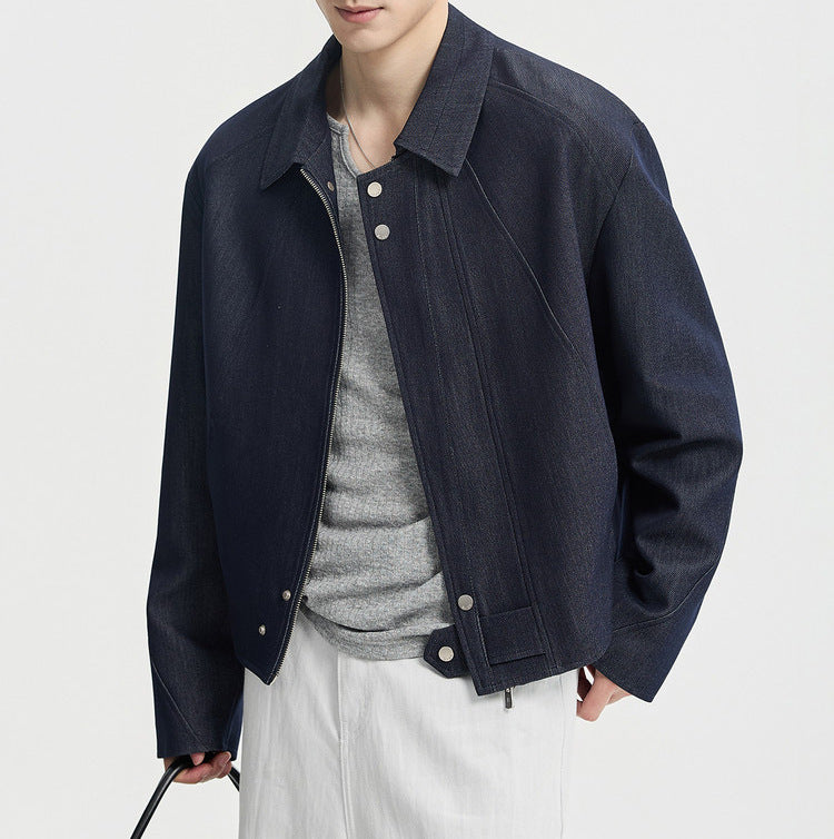 Herren Boxy-Jeansjacke im Minimalstil mit Hemdkragen und verdeckter Druckknopfblende Nord Taschen