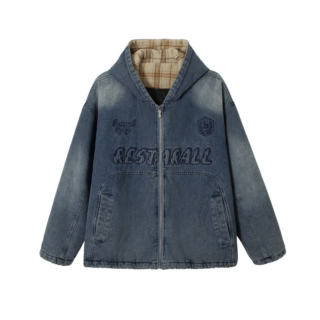 Herren Washed-Denim Kapuzenjacke im Oversize-Look mit kariert gefütterter Kapuze Nord Taschen