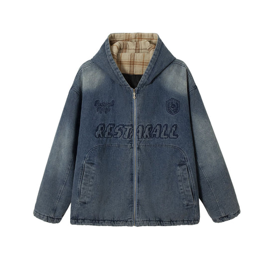 Herren Washed-Denim Kapuzenjacke im Oversize-Look mit kariert gefütterter Kapuze Nord Taschen