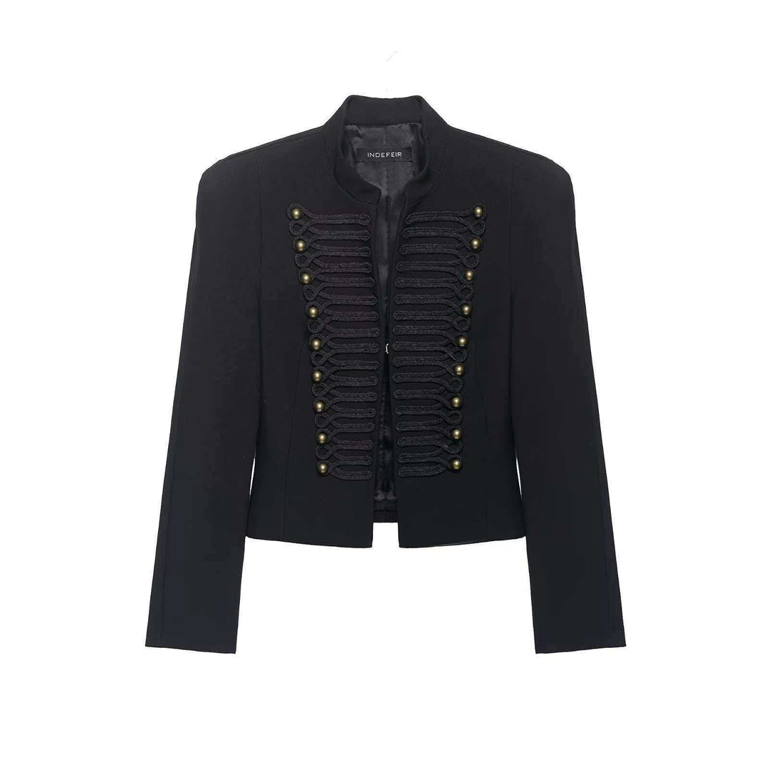 Damen Cropped Blazer im Husarenstil mit Stehkragen, Zierkordeln und Messingknöpfen Nord Taschen