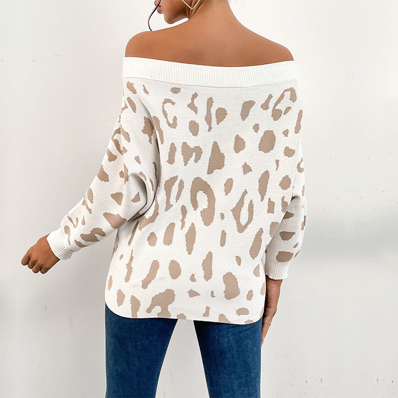 Damen Oversize-Schulterfreier Feinstrickpullover mit Animal-Jacquard und breitem Umschlagkragen Nord Taschen