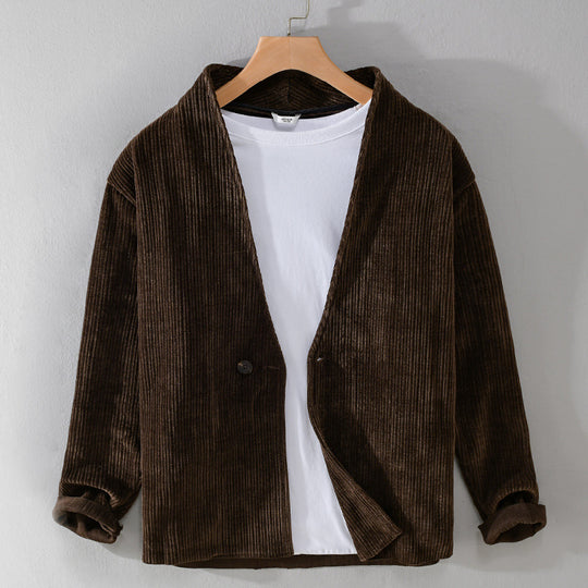 Herren Cord-Overshirt-Sakko mit V-Ausschnitt und Ein-Knopfverschluss Nord Taschen