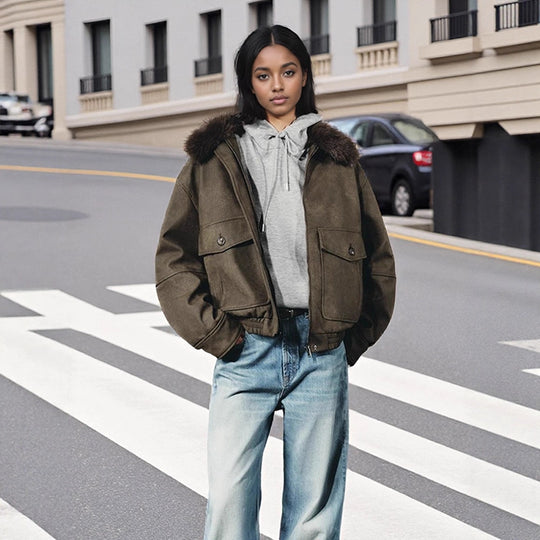 Damen Kurzjacke im Aviator‑Style mit Kunstpelzkapuze und aufgesetzten Pattentaschen Nord Taschen