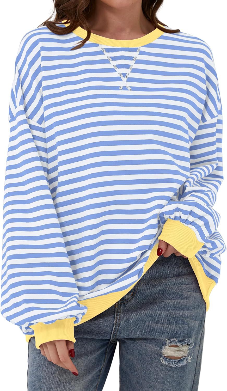 Damen lässiger Oversized Sweatshirt mit bunten Streifen und Kapuzenkordel