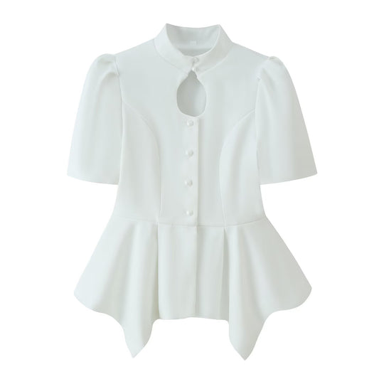Damen Taillierte Bluse mit Stehkragen, Cut-Out-Ausschnitt und asymmetrischem Schößchen Nord Taschen