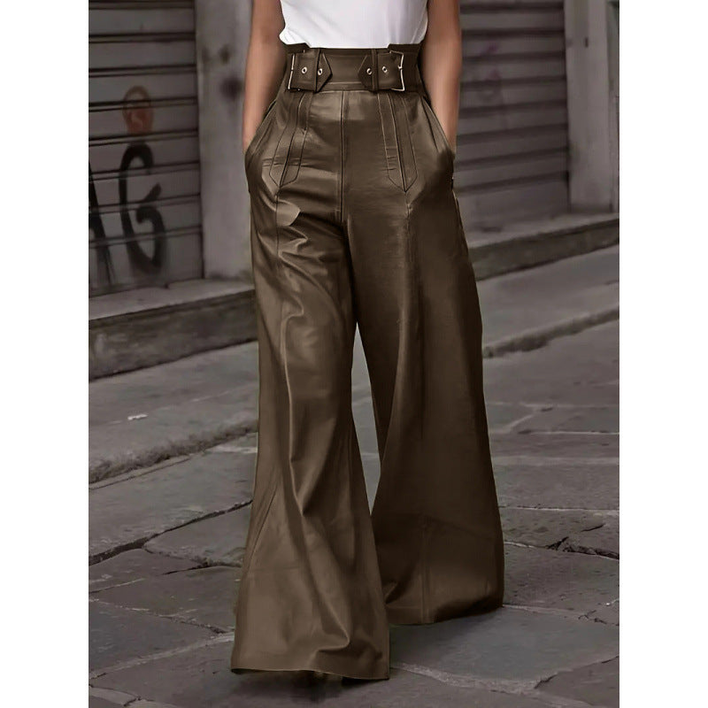 Damen weite High-Waist Palazzo-Hose aus Lederimitat mit Breitbund Nord Taschen