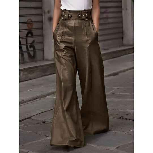 Damen weite High-Waist Palazzo-Hose aus Lederimitat mit Breitbund Nord Taschen
