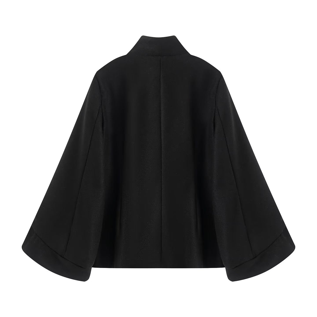 Damen Kurzer Doppelreihiger Wollmix-Mantel mit Stehkragen, Glockenärmeln und Metallknöpfen Nord Taschen