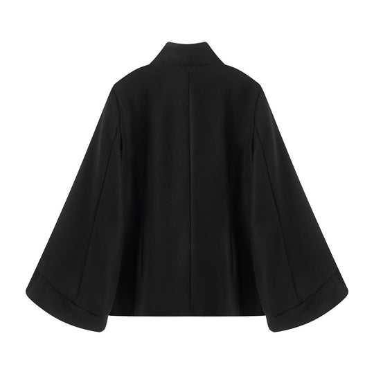 Damen Kurzer Doppelreihiger Wollmix-Mantel mit Stehkragen, Glockenärmeln und Metallknöpfen Nord Taschen