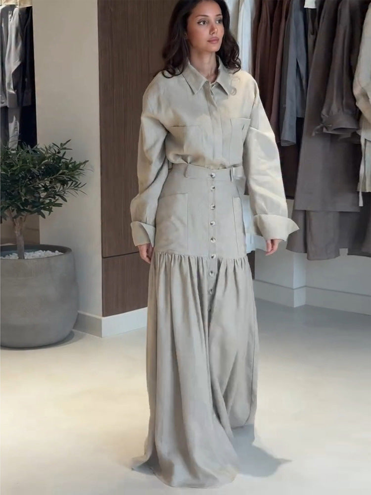 Damen Zweiteiliges Oversize-Hemd und Maxirock-Set mit hoher Taille & durchgehender Knopfleiste Nord Taschen