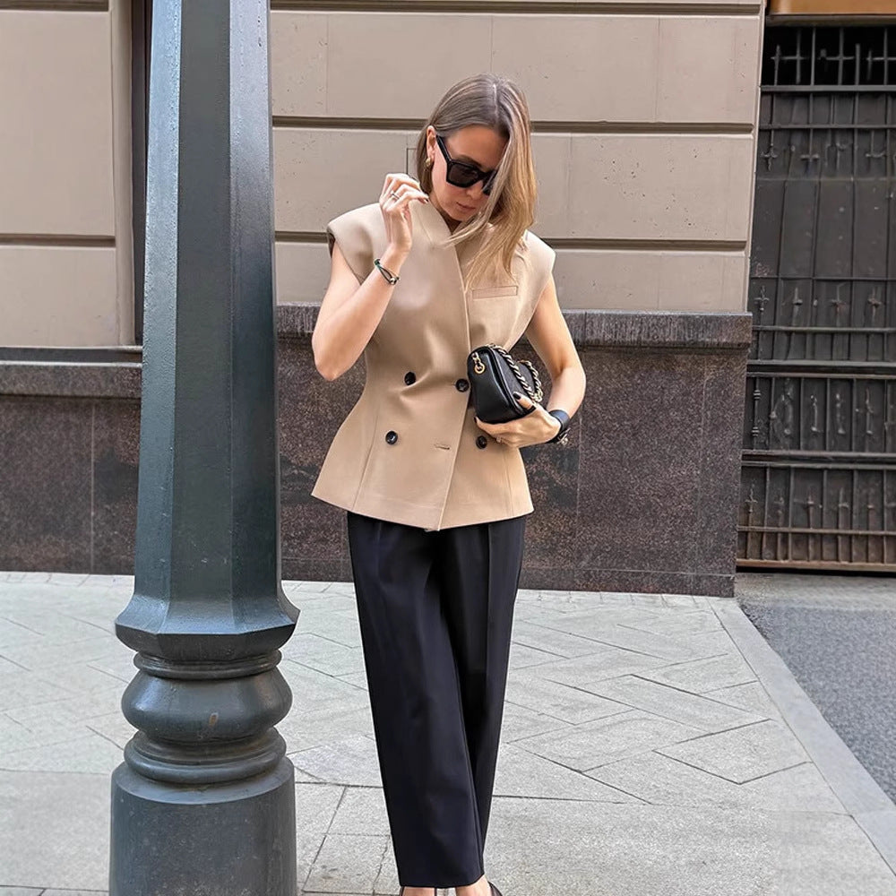 Damen Ärmellose taillierte Blazer-Weste mit doppelter Knopfleiste & strukturierter Schulterpartie Nord Taschen