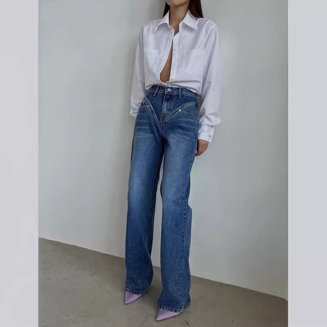 Damen hochgeschnittene weite Denim-Hose mit V-förmiger Bundnaht und extra-langem Bein Nord Taschen