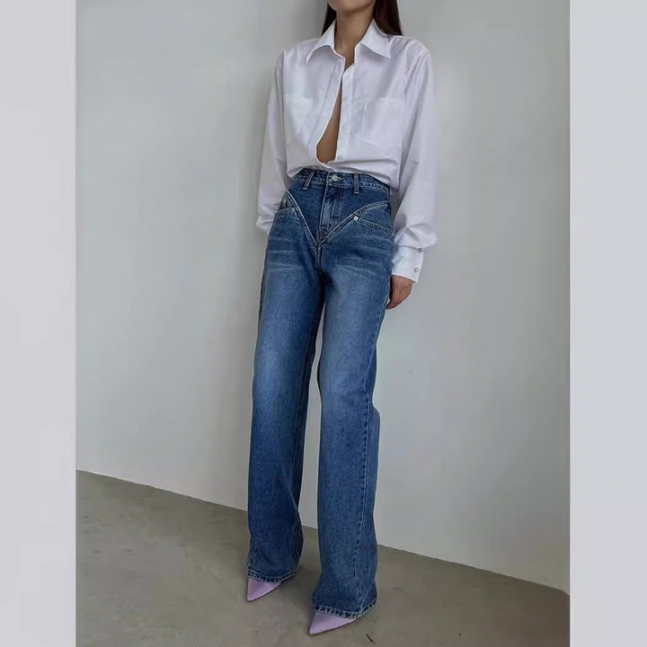 Damen hochgeschnittene weite Denim-Hose mit V-förmiger Bundnaht und extra-langem Bein Nord Taschen