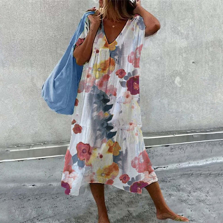 Damen luftiges Maxikleid mit floralem Muster und V-Ausschnitt