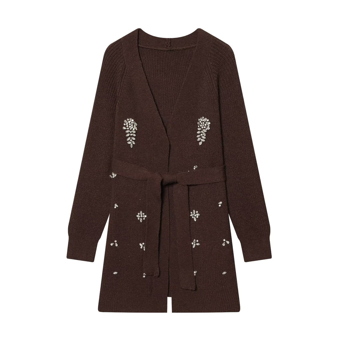 Damen Longcardigan mit Bindegürtel und Schmuckstein‑Applikation Nord Taschen