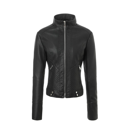 Damen Schlanke Echtlederjacke mit Stehkragen, Stepppaneelen und Reißverschluss Nord Taschen