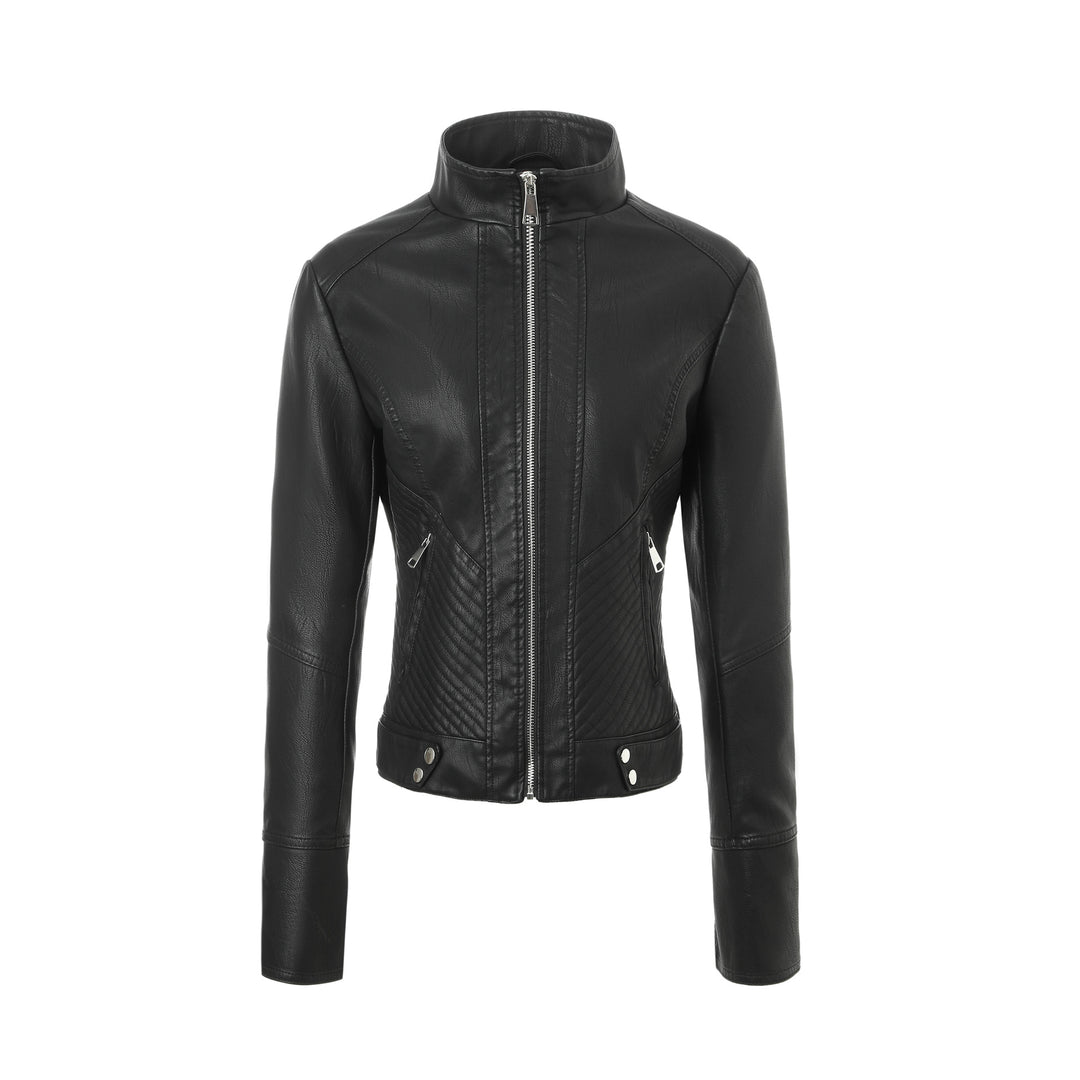 Damen Taillierte Lederjacke mit Stehkragen und Stepp-Panels Nord Taschen