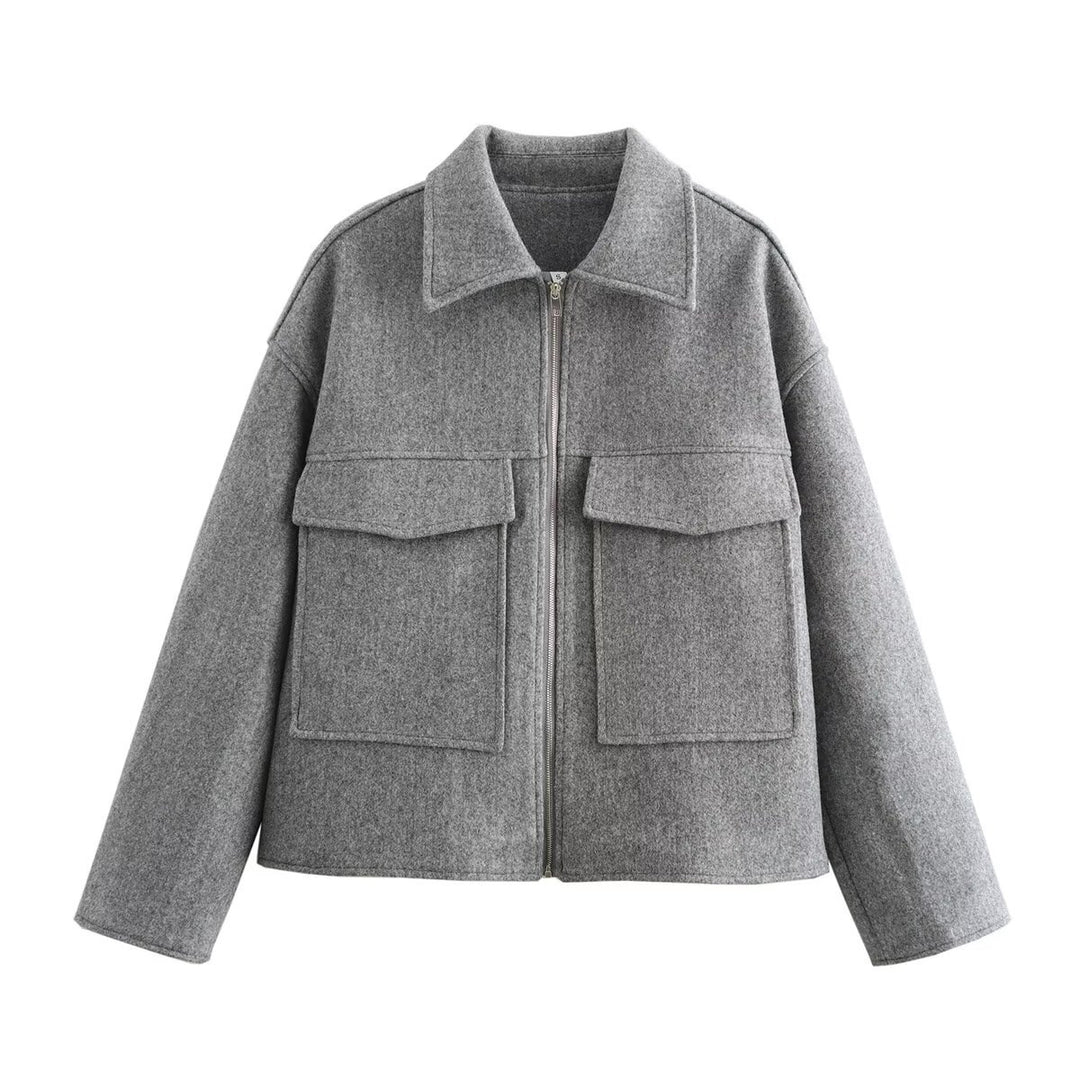 Damen Kurzjacke aus Wollmix mit großen Pattentaschen und durchgehendem Reißverschluss Nord Taschen