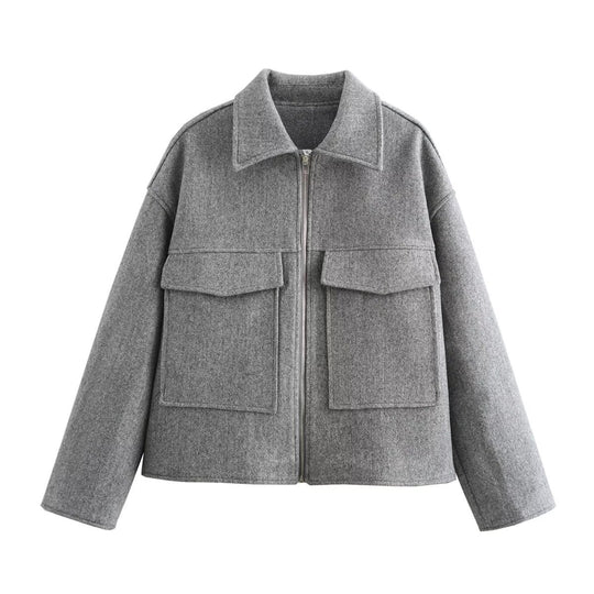 Damen Kurzjacke aus Wollmix mit großen Pattentaschen und durchgehendem Reißverschluss Nord Taschen