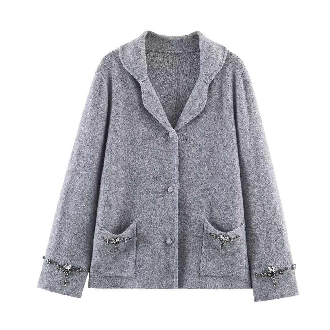 Damen Kurzer Wollmix-Cardigan-Mantel mit Schalkragen und Schmucksteinapplikationen Nord Taschen