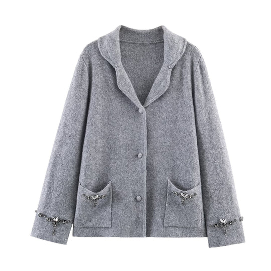 Damen Kurzer Wollmix-Cardigan-Mantel mit Schalkragen und Schmucksteinapplikationen Nord Taschen