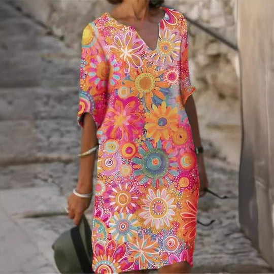 Damen lässiges Freizeitkleid mit floralen Mustern und V-Ausschnitt Nord Taschen