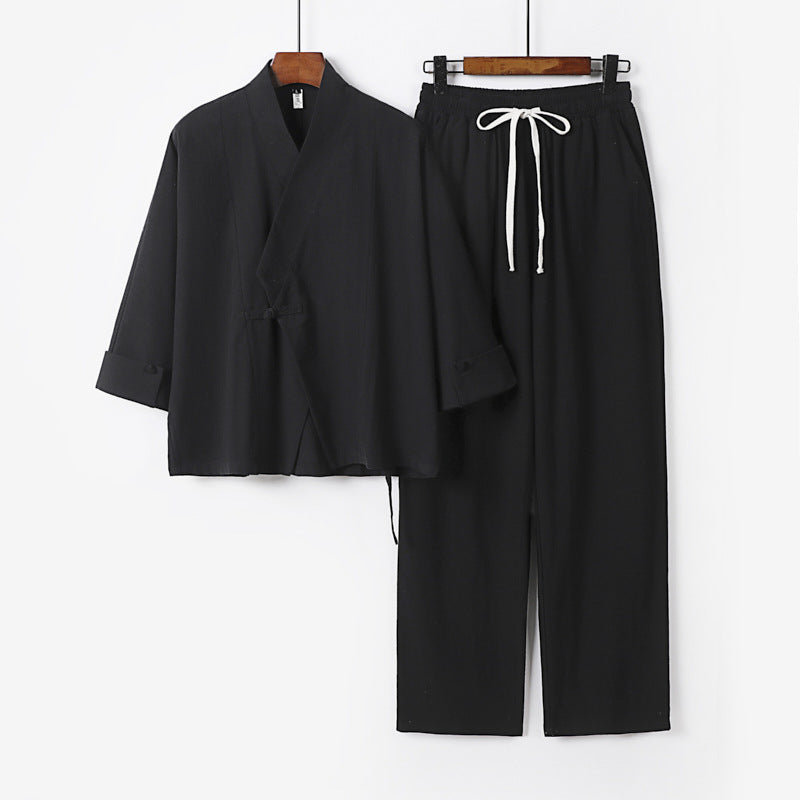 Unisex Leichtes Zen-Lounge-Set im Kimono-Stil mit überschnittener Schulter verdeckter Knotenleiste und elastischer Tunnelzughose Nord Taschen