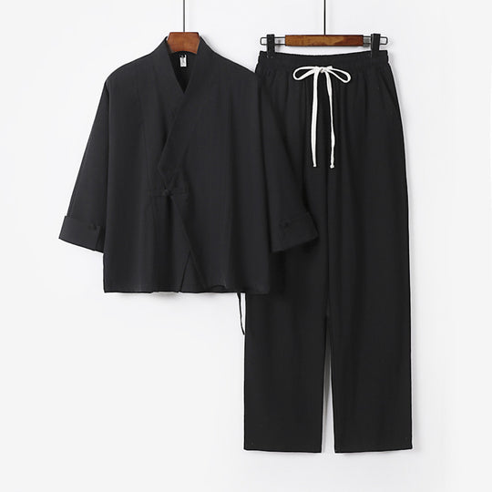 Unisex Leichtes Zen-Lounge-Set im Kimono-Stil mit überschnittener Schulter verdeckter Knotenleiste und elastischer Tunnelzughose Nord Taschen