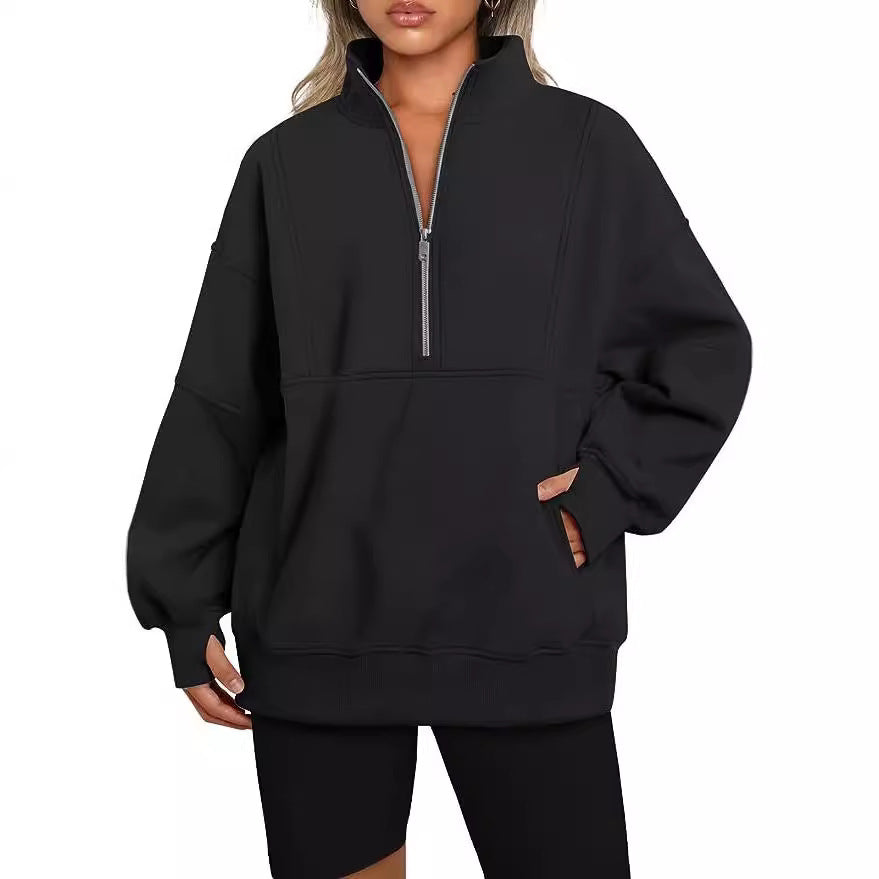 Damen Oversized Sweatshirt mit halbem Reißverschluss, Kängurutasche und Stehkragen Nord Taschen